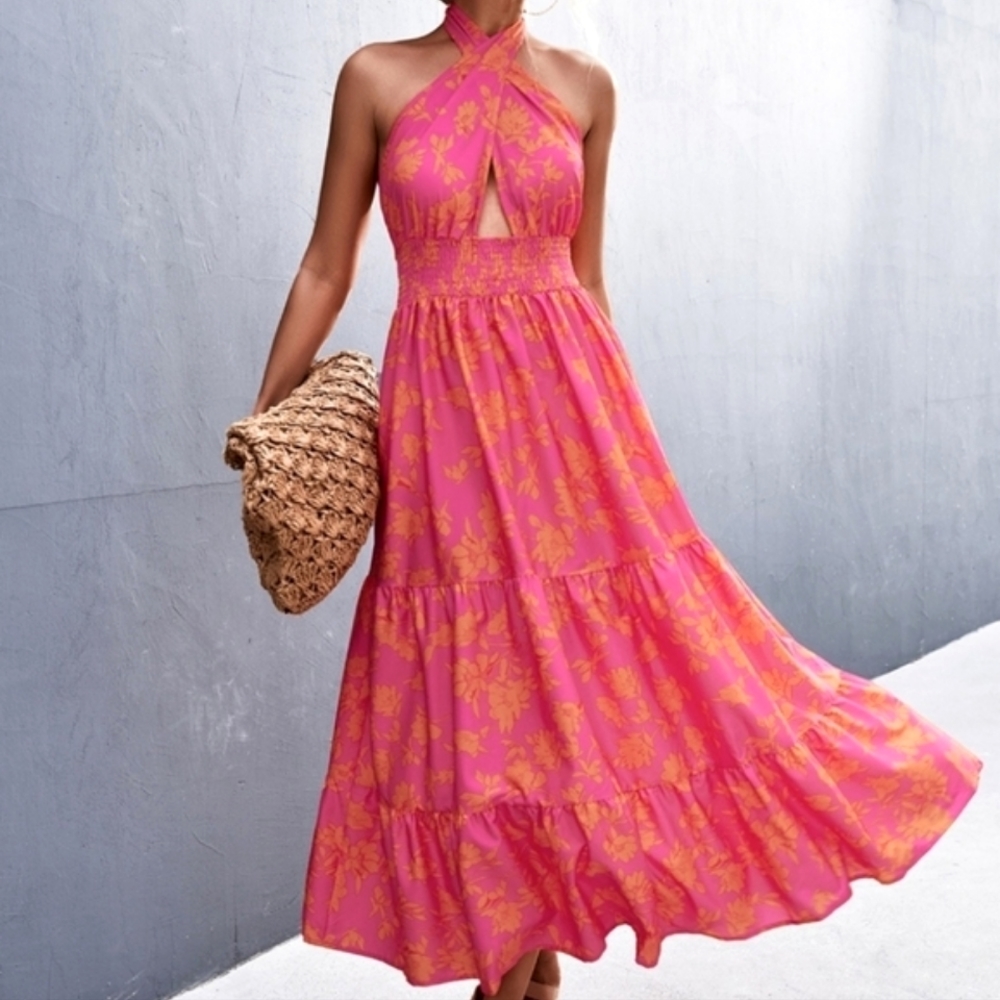 Cross Halter Maxi Dress Pink Orange Floral Summer Open Back Size S M L - Picture 2 of 7